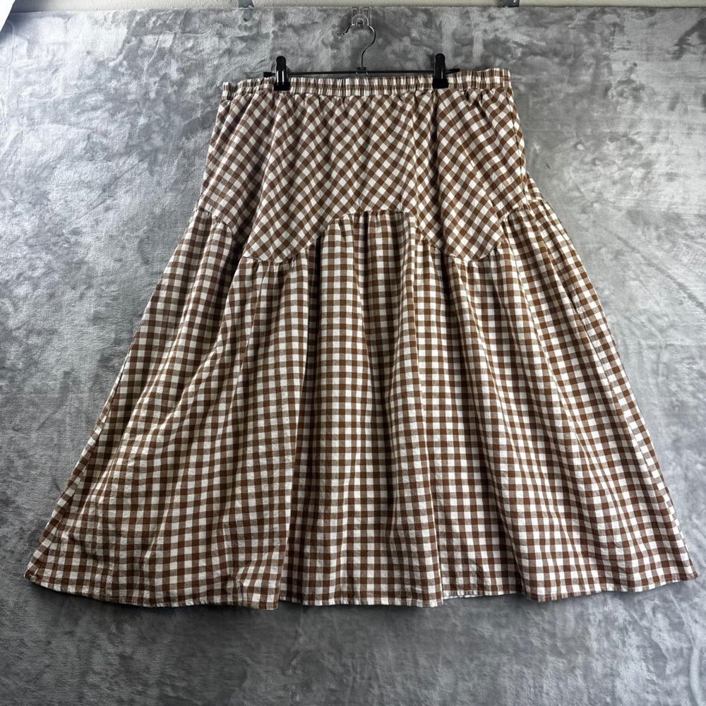 WD-NY Gingham Skirt Women XL Brown Tiered Elastic Waist Midi (1884)
